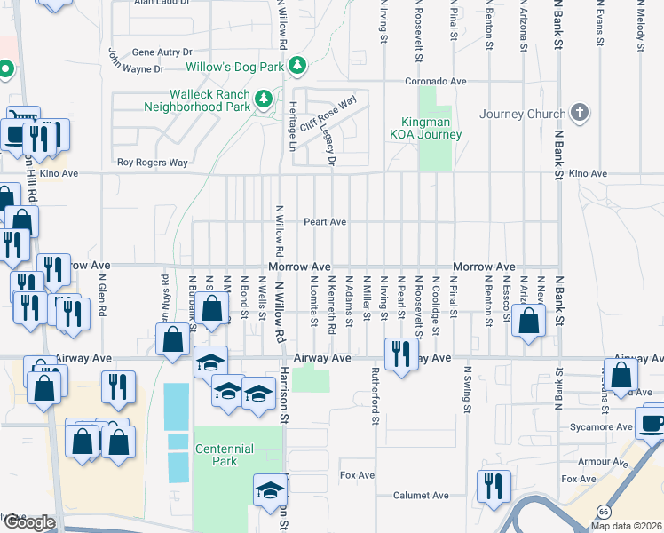 map of restaurants, bars, coffee shops, grocery stores, and more near 3653 North Kenneth Road in Kingman