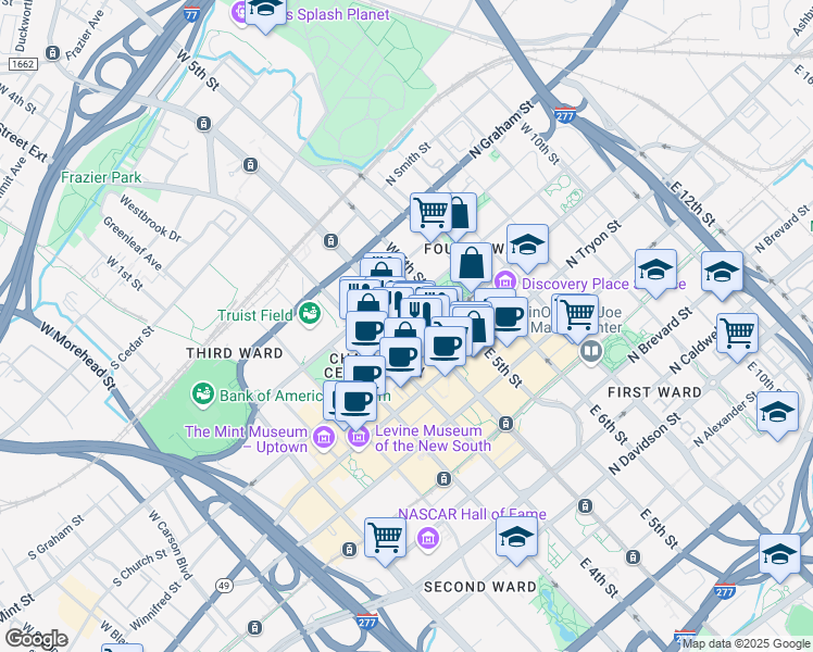 map of restaurants, bars, coffee shops, grocery stores, and more near 227 West Trade Street in Charlotte