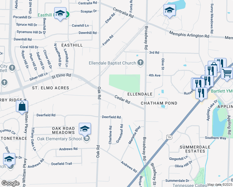 map of restaurants, bars, coffee shops, grocery stores, and more near 7194 Cedar Road in Bartlett