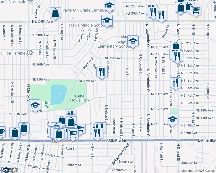 map of restaurants, bars, coffee shops, grocery stores, and more near 1421 North Nelson Street in Amarillo