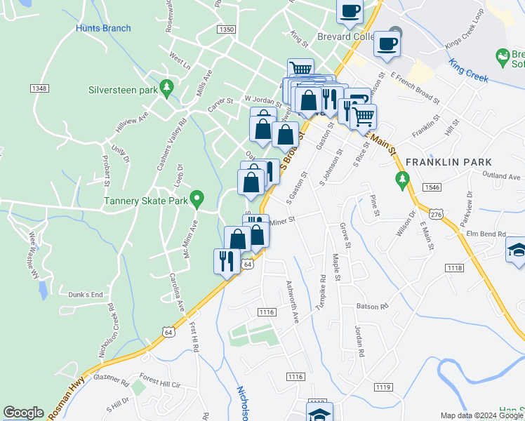 map of restaurants, bars, coffee shops, grocery stores, and more near 24 Varsity Street in Brevard