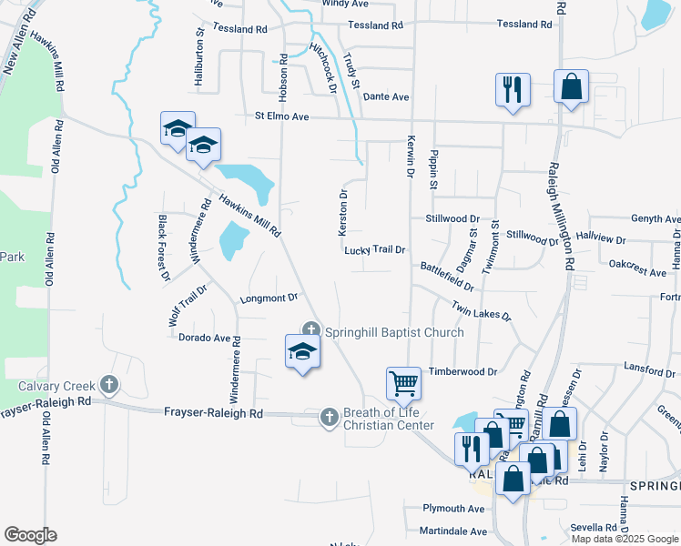 map of restaurants, bars, coffee shops, grocery stores, and more near 3847 Lucky Trail Drive in Memphis