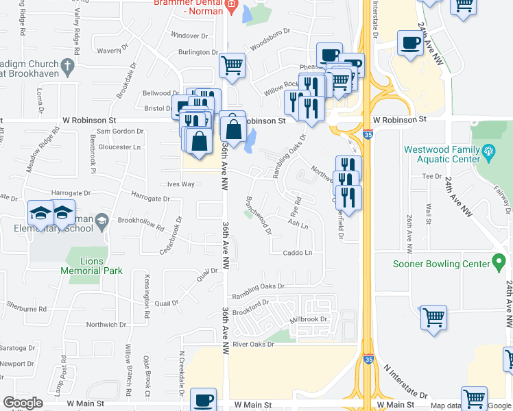 map of restaurants, bars, coffee shops, grocery stores, and more near 804 Branchwood Court in Norman