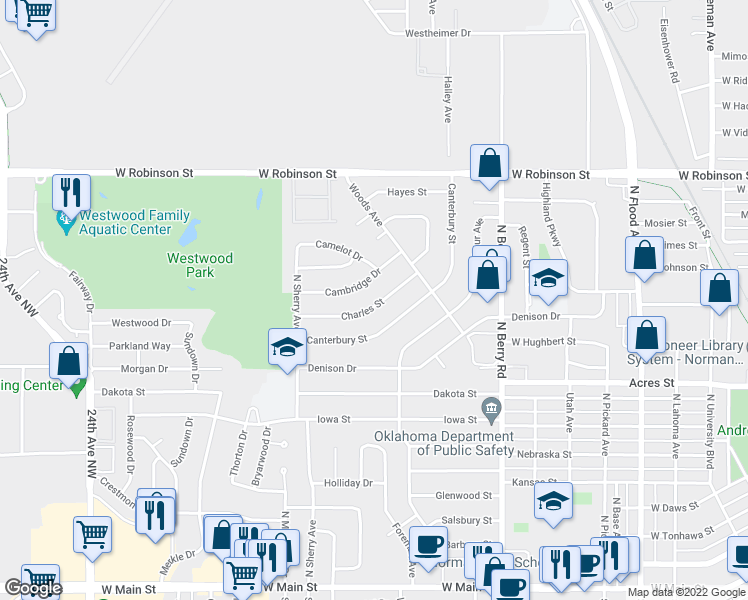 map of restaurants, bars, coffee shops, grocery stores, and more near 1515 Charles Street in Norman
