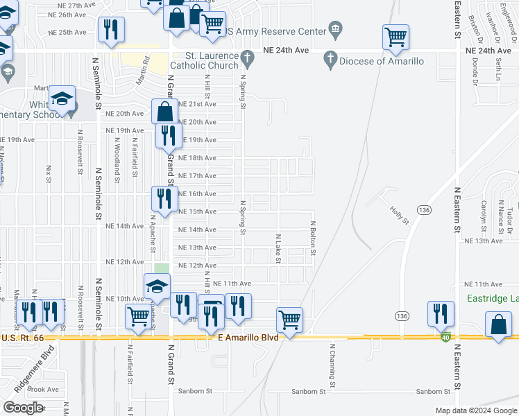 map of restaurants, bars, coffee shops, grocery stores, and more near 4017 Northeast 15th Avenue in Amarillo