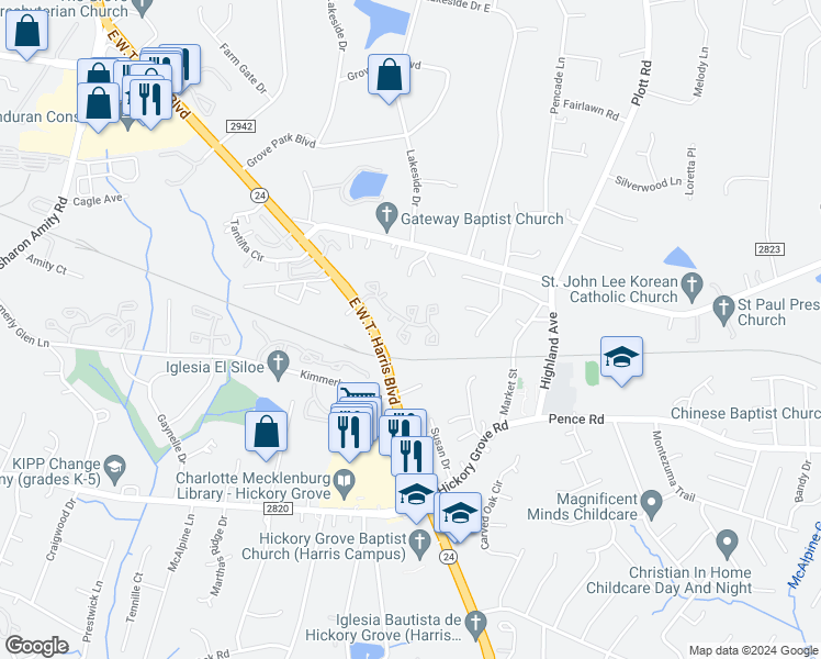 map of restaurants, bars, coffee shops, grocery stores, and more near 6370 Windsor Gate Lane in Charlotte