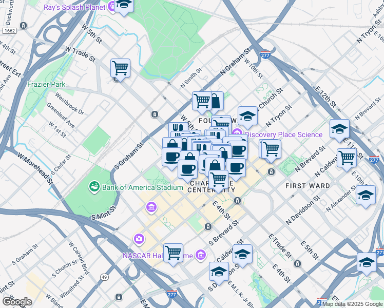 map of restaurants, bars, coffee shops, grocery stores, and more near 211 West Trade Street in Charlotte