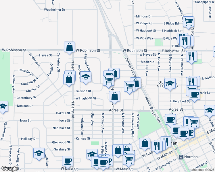 map of restaurants, bars, coffee shops, grocery stores, and more near 1102 North Flood Avenue in Norman