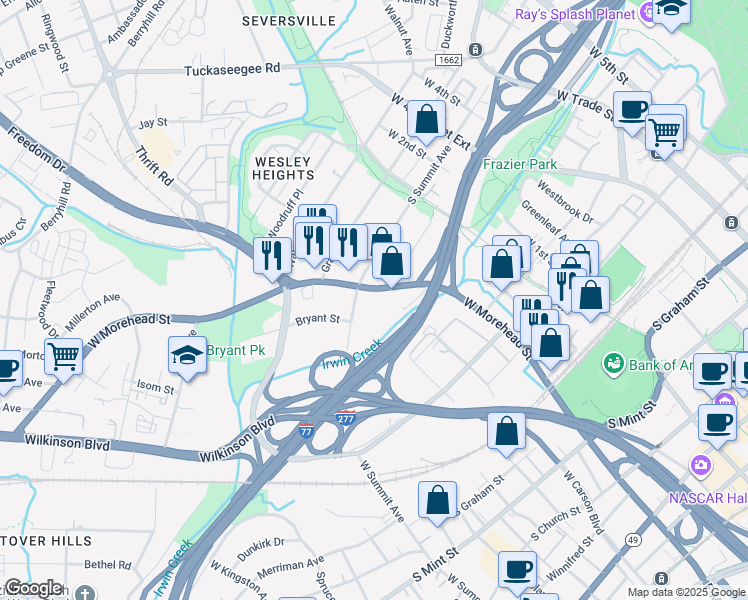 map of restaurants, bars, coffee shops, grocery stores, and more near 1309 West Morehead Street in Charlotte