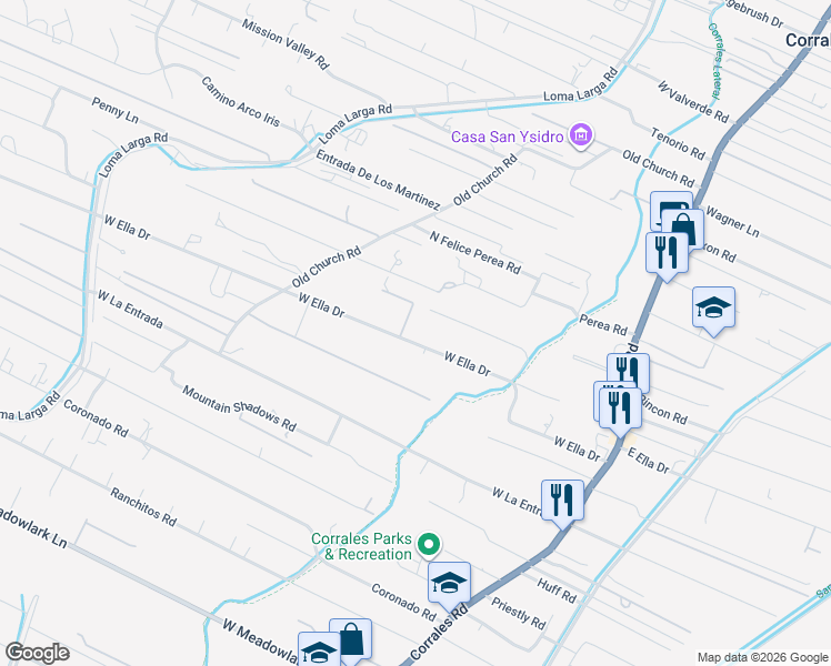 map of restaurants, bars, coffee shops, grocery stores, and more near 634 West Ella Drive in Corrales