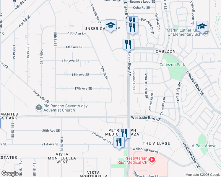 map of restaurants, bars, coffee shops, grocery stores, and more near 1899 17th Ave SE in Rio Rancho