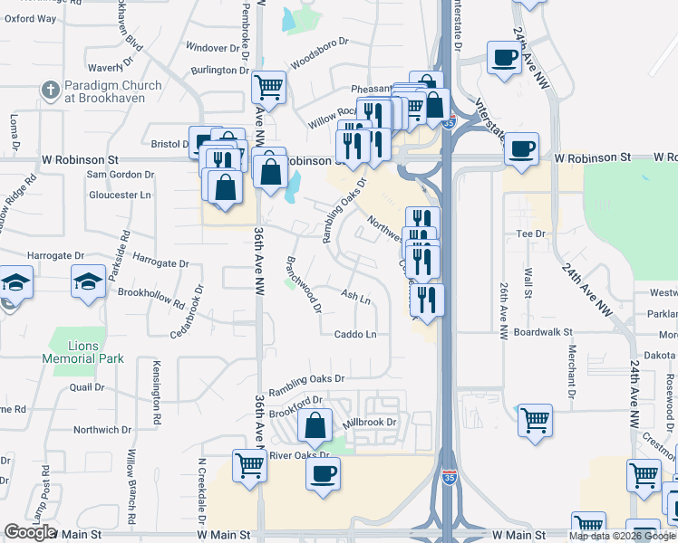 map of restaurants, bars, coffee shops, grocery stores, and more near 816 Ash Court in Norman