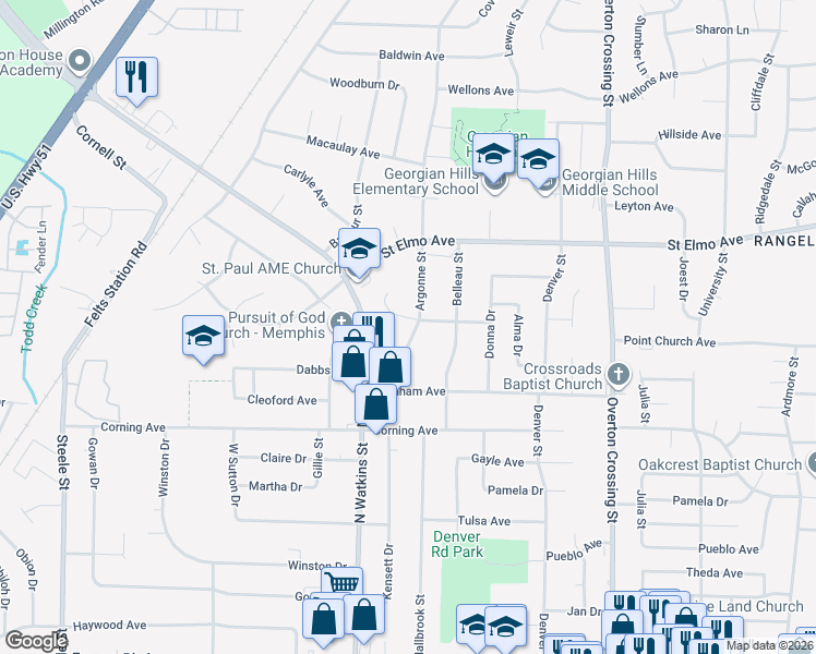 map of restaurants, bars, coffee shops, grocery stores, and more near 3775 Argonne Street in Memphis