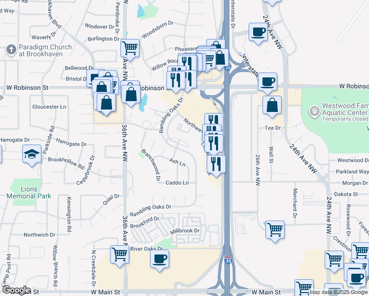 map of restaurants, bars, coffee shops, grocery stores, and more near 855 Rambling Oaks Drive in Norman