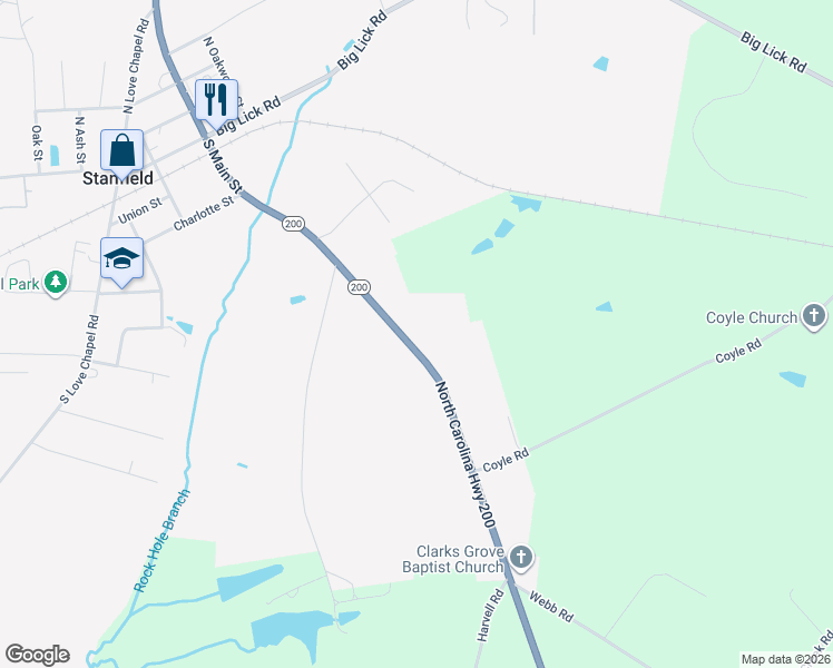 map of restaurants, bars, coffee shops, grocery stores, and more near 353 North Carolina Highway 200 in Stanfield