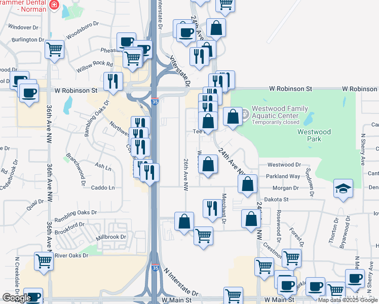 map of restaurants, bars, coffee shops, grocery stores, and more near 828 Wall Street in Norman