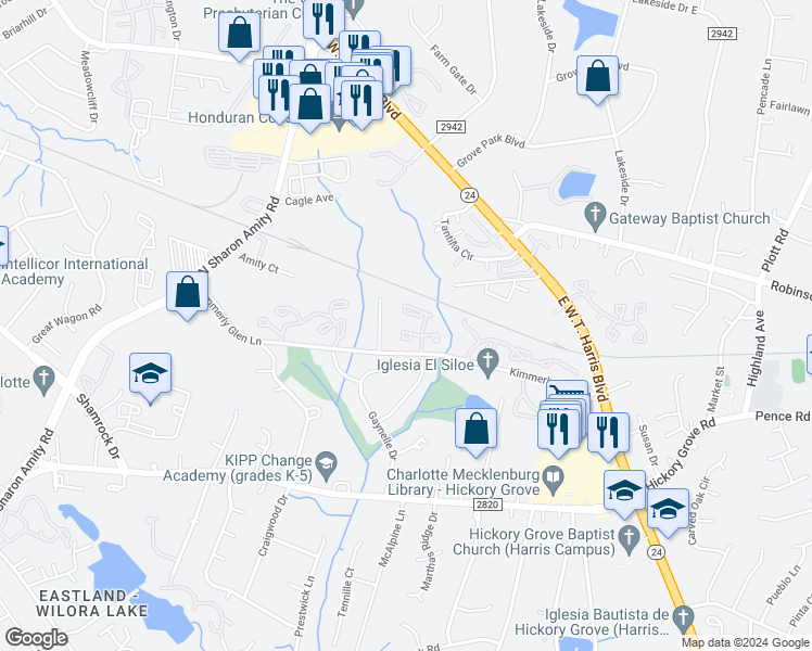 map of restaurants, bars, coffee shops, grocery stores, and more near in Charlotte