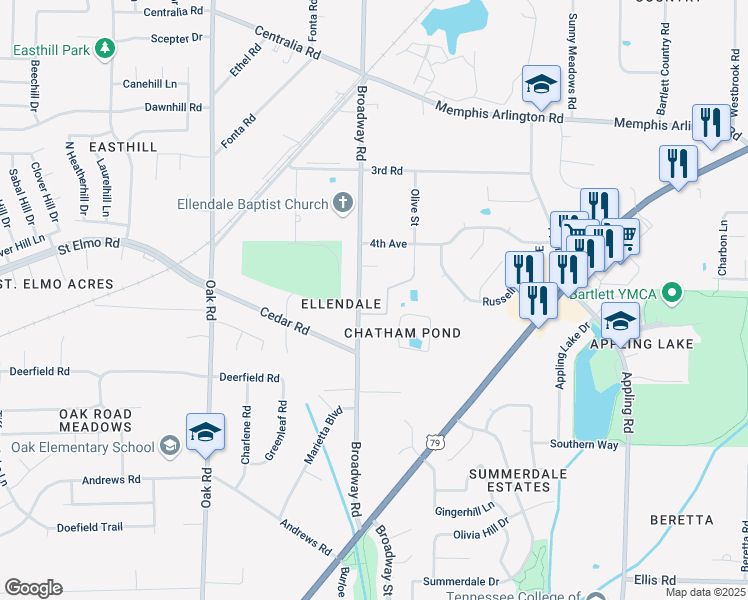 map of restaurants, bars, coffee shops, grocery stores, and more near 3786 Broadway Road in Bartlett