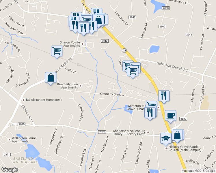map of restaurants, bars, coffee shops, grocery stores, and more near 5219 Magnolia Tree Lane in Charlotte