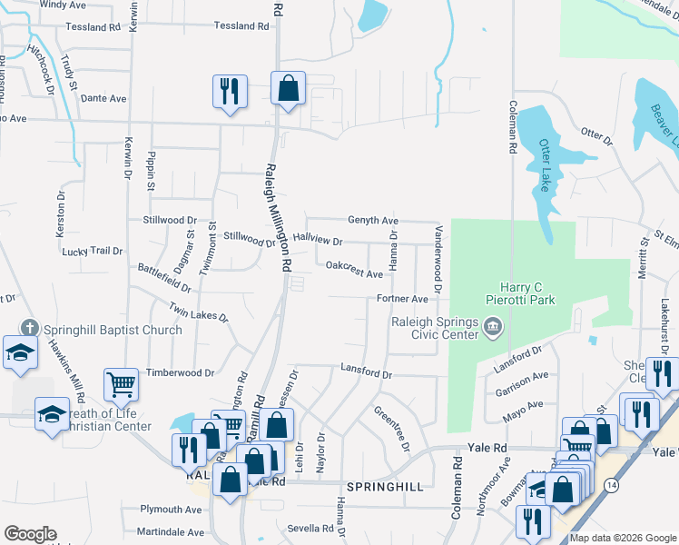 map of restaurants, bars, coffee shops, grocery stores, and more near 4190 Oakcrest Avenue in Memphis