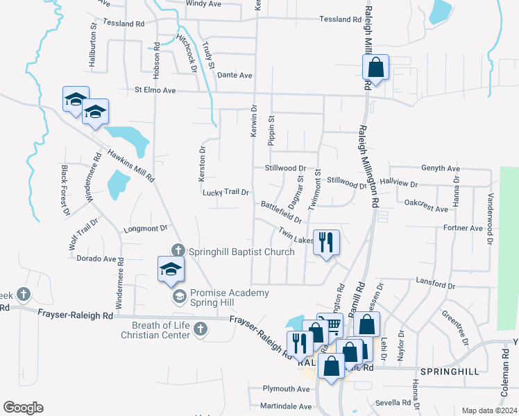 map of restaurants, bars, coffee shops, grocery stores, and more near 3934 Battlefield Drive in Memphis