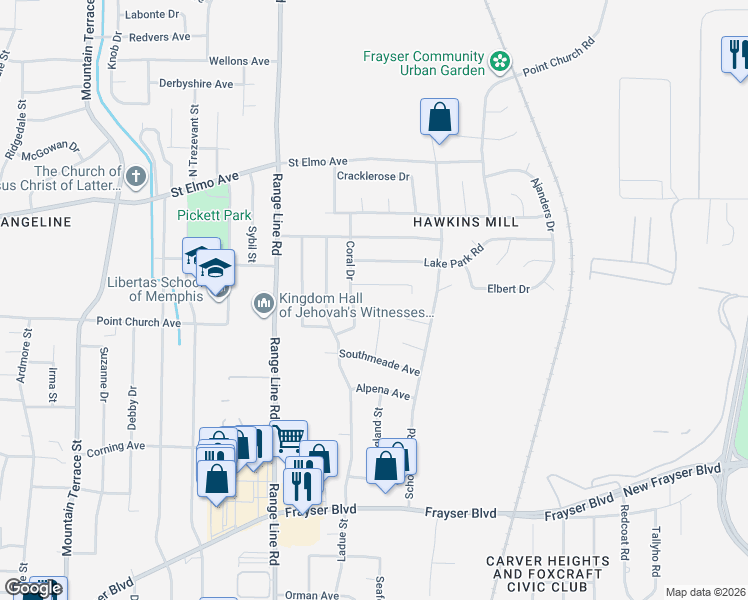 map of restaurants, bars, coffee shops, grocery stores, and more near 2759 Ridgeview Road in Memphis