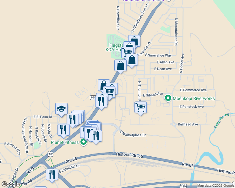 map of restaurants, bars, coffee shops, grocery stores, and more near 5220 U.S. 89 in Flagstaff