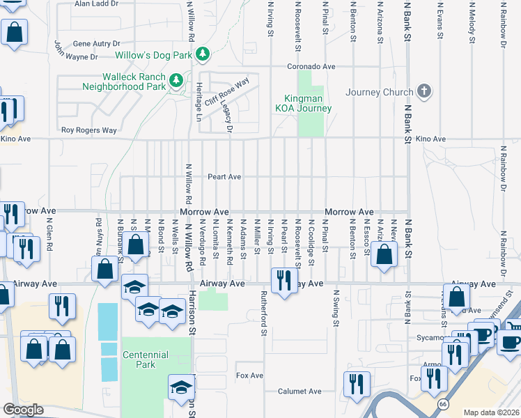 map of restaurants, bars, coffee shops, grocery stores, and more near North Miller Street in Kingman