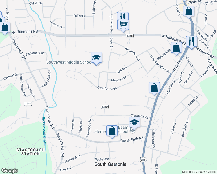 map of restaurants, bars, coffee shops, grocery stores, and more near 2856 Meade Avenue in Gastonia