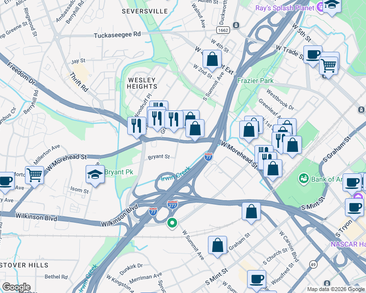 map of restaurants, bars, coffee shops, grocery stores, and more near 1331 West Morehead Street in Charlotte