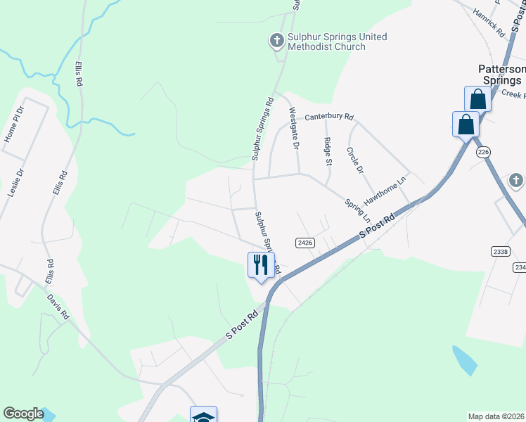 map of restaurants, bars, coffee shops, grocery stores, and more near 1810 Sulphur Springs Road in Shelby