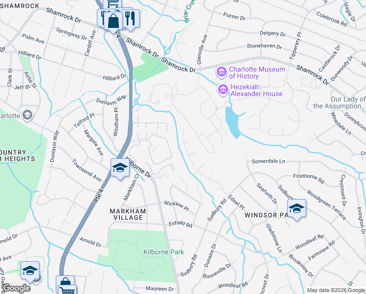 map of restaurants, bars, coffee shops, grocery stores, and more near 2840 Edsel Place in Charlotte