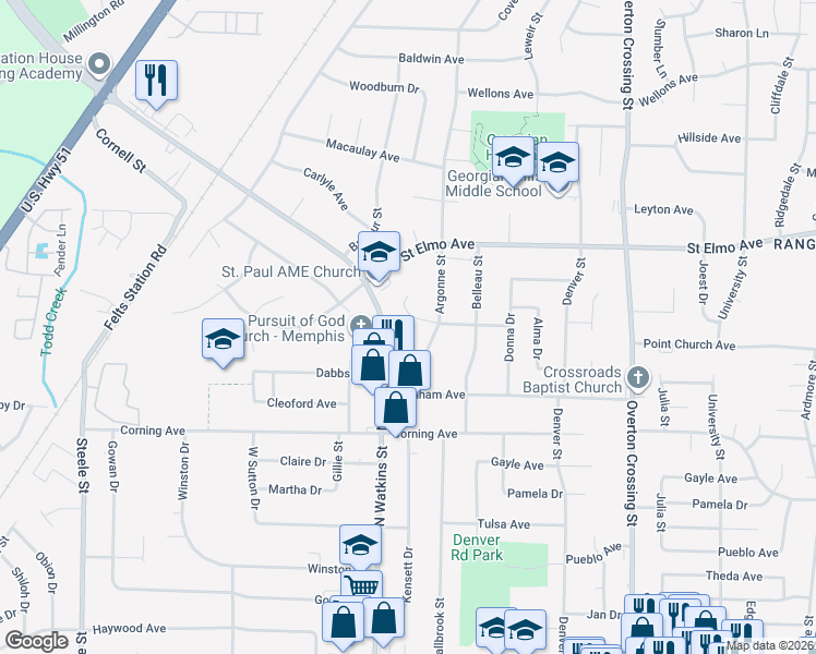 map of restaurants, bars, coffee shops, grocery stores, and more near 860 Townsend Avenue in Memphis