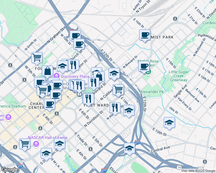 map of restaurants, bars, coffee shops, grocery stores, and more near 715 North Caldwell Street in Charlotte