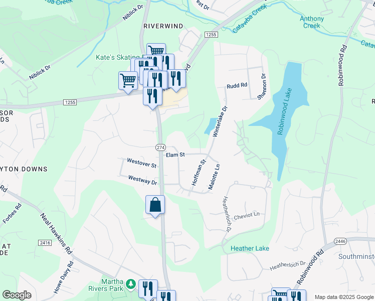 map of restaurants, bars, coffee shops, grocery stores, and more near 728 Elam Street in Gastonia
