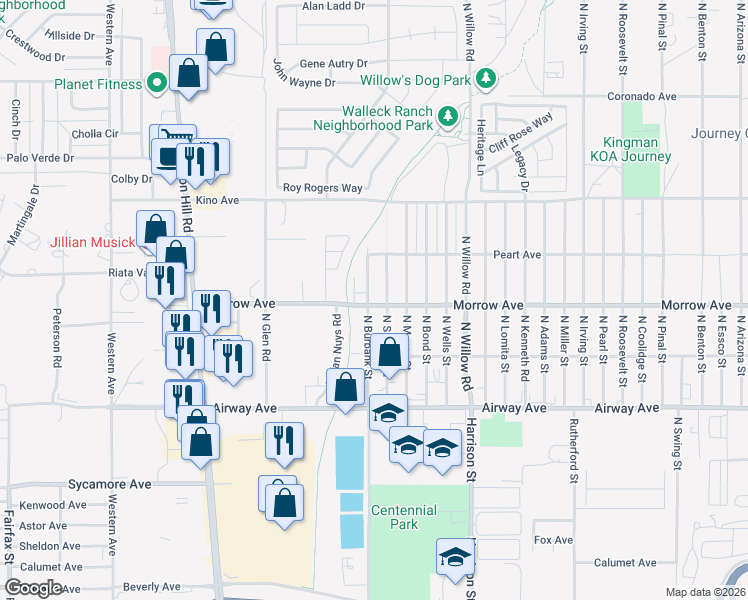 map of restaurants, bars, coffee shops, grocery stores, and more near 3630 North Burbank Street in Kingman