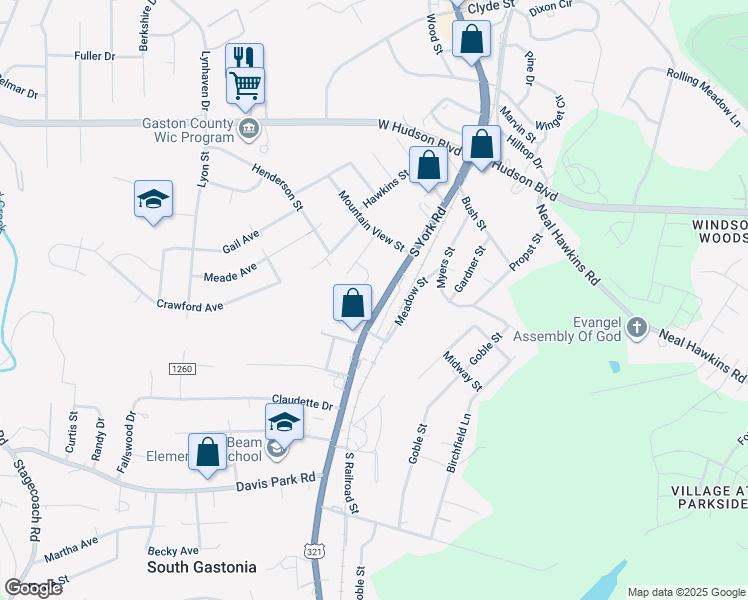 map of restaurants, bars, coffee shops, grocery stores, and more near 2675 South York Road in Gastonia