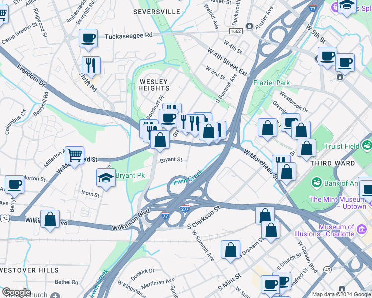 map of restaurants, bars, coffee shops, grocery stores, and more near in Charlotte