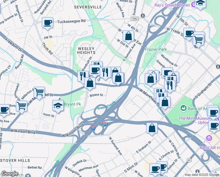 map of restaurants, bars, coffee shops, grocery stores, and more near 1309 West Morehead Street in Charlotte