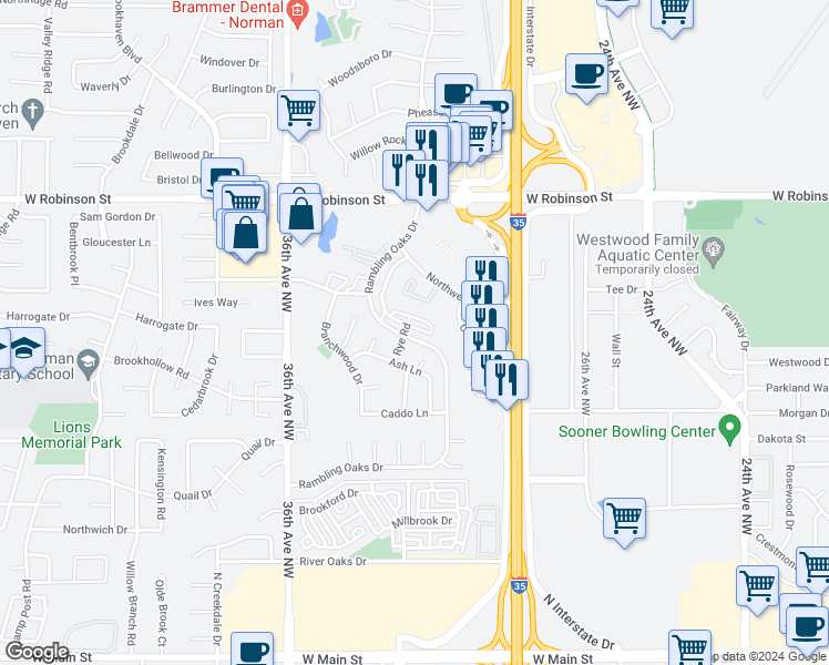map of restaurants, bars, coffee shops, grocery stores, and more near 863 Rambling Oaks Drive in Norman