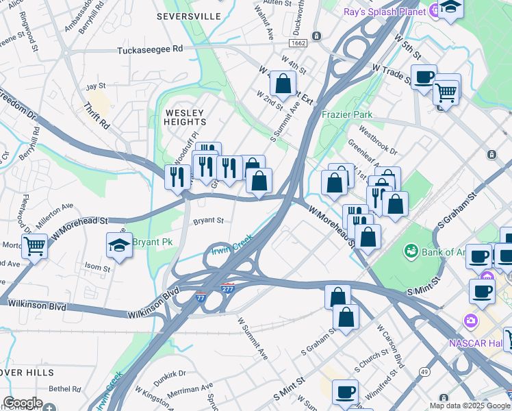 map of restaurants, bars, coffee shops, grocery stores, and more near 1227 West Morehead Street in Charlotte