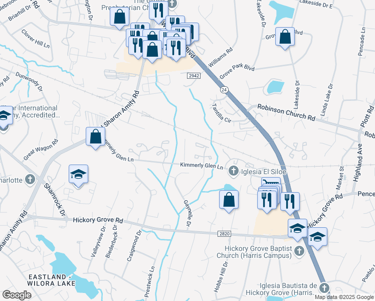 map of restaurants, bars, coffee shops, grocery stores, and more near 5159 Ficus Tree Lane in Charlotte