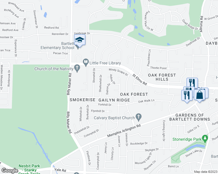 map of restaurants, bars, coffee shops, grocery stores, and more near 3766 Dalron Drive in Memphis