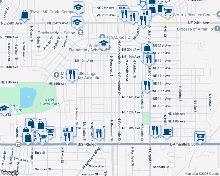 map of restaurants, bars, coffee shops, grocery stores, and more near 1415 North Roosevelt Street in Amarillo