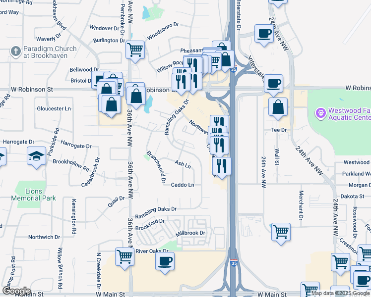 map of restaurants, bars, coffee shops, grocery stores, and more near 867 Rambling Oaks Drive in Norman