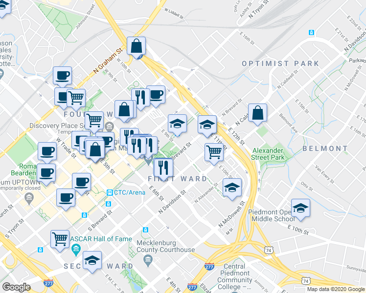 map of restaurants, bars, coffee shops, grocery stores, and more near 319 East 9th Street in Charlotte