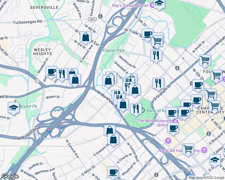 map of restaurants, bars, coffee shops, grocery stores, and more near 610 McNinch Street in Charlotte