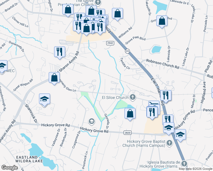 map of restaurants, bars, coffee shops, grocery stores, and more near in Charlotte