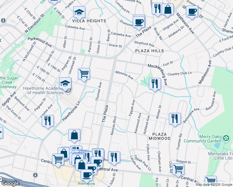 map of restaurants, bars, coffee shops, grocery stores, and more near 2006 The Plaza in Charlotte