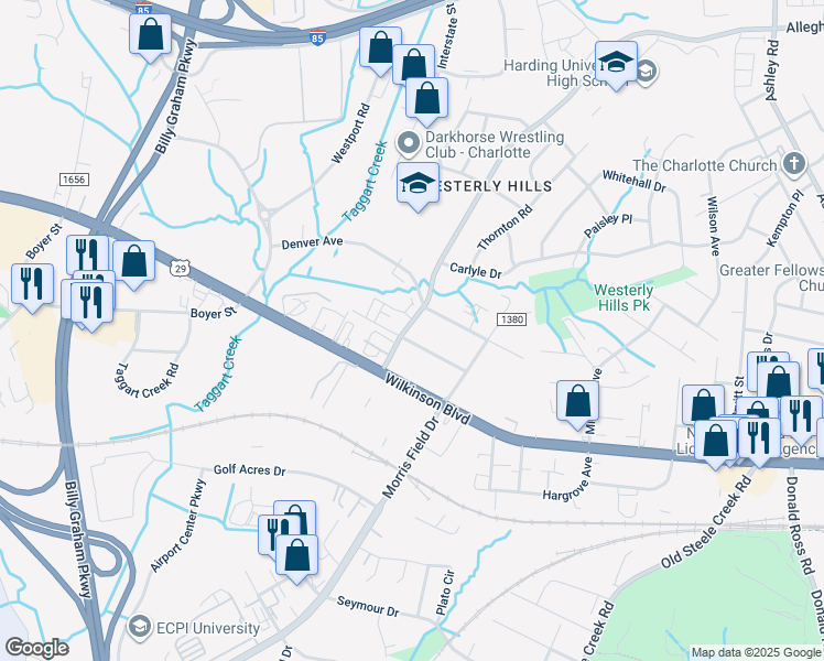 map of restaurants, bars, coffee shops, grocery stores, and more near 4398 Havelock Avenue in Charlotte